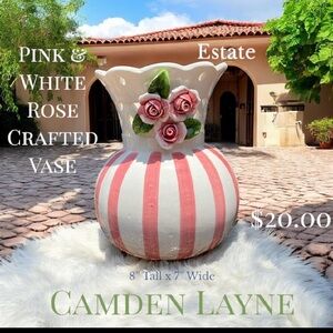 Pink and White Striped Vase with Roses